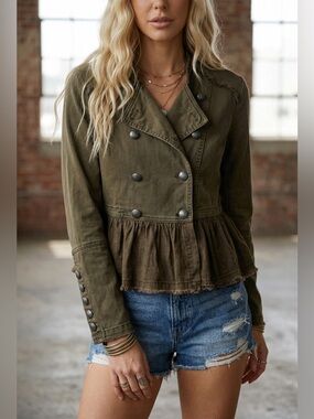 New Free People Flared Ruffle Hem Military Button Jacket Olive Army Green